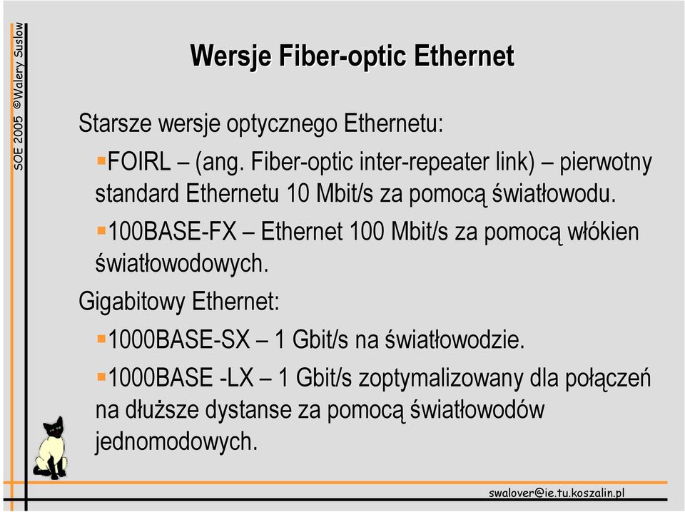 100BASE-FX Ethernet 100 Mbit/s za pomocą włókien światłowodowych.