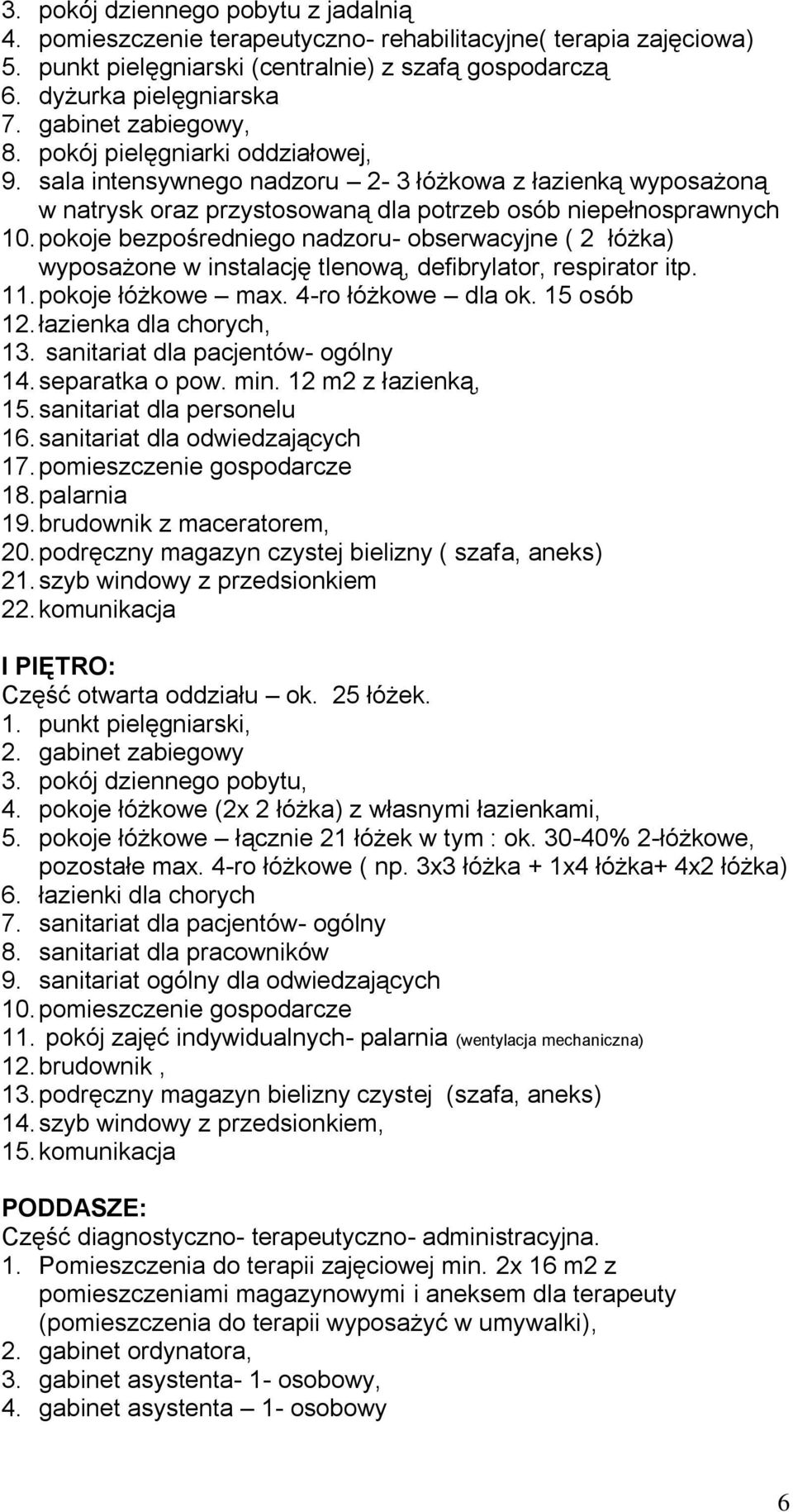 pokoje bezpośredniego nadzoru- obserwacyjne ( 2 łóżka) wyposażone w instalację tlenową, defibrylator, respirator itp. 11. pokoje łóżkowe max. 4-ro łóżkowe dla ok. 15 osób 12. łazienka dla chorych, 13.