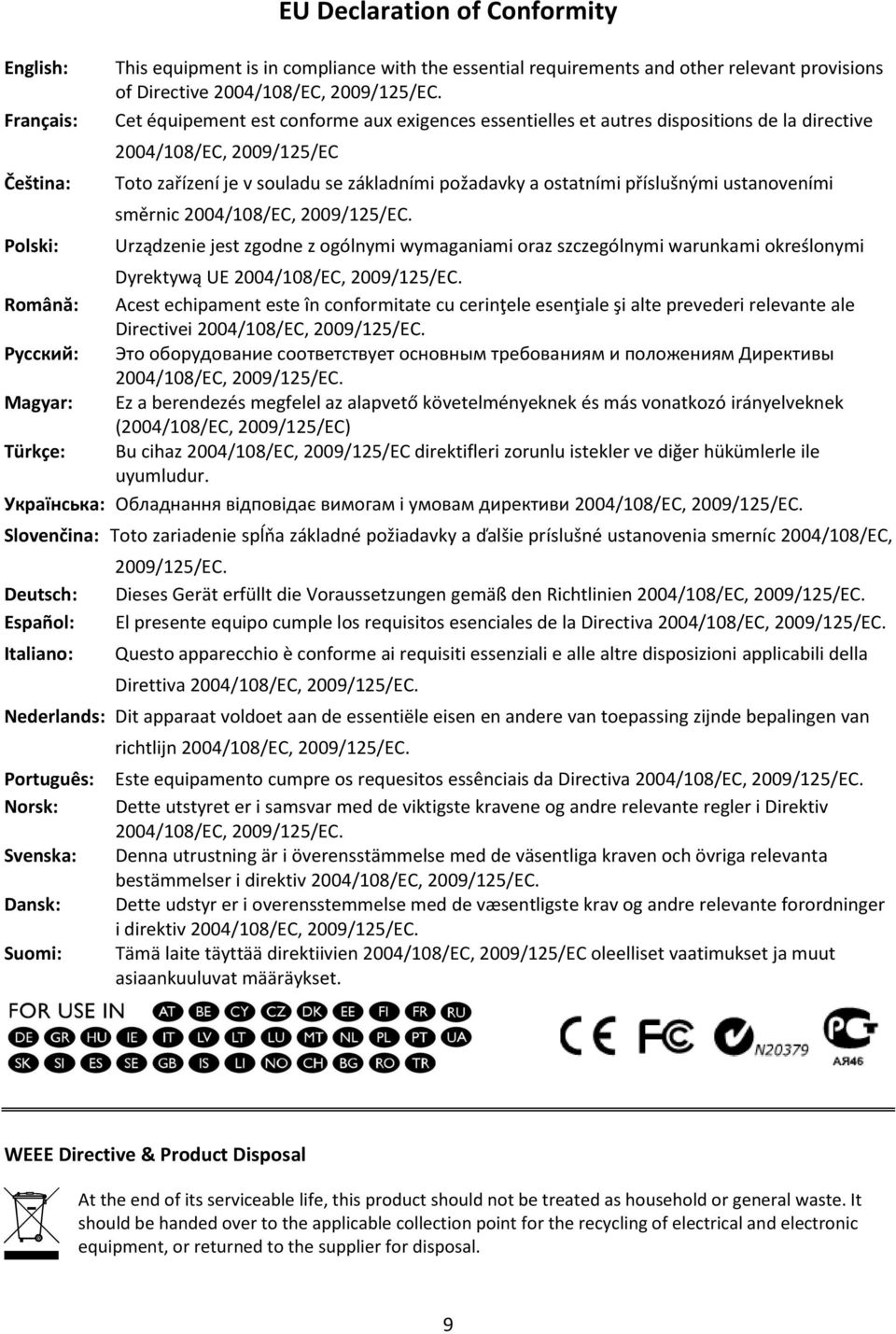 ustanoveními směrnic 2004/108/EC, 2009/125/EC. Urządzenie jest zgodne z ogólnymi wymaganiami oraz szczególnymi warunkami określonymi Dyrektywą UE 2004/108/EC, 2009/125/EC.