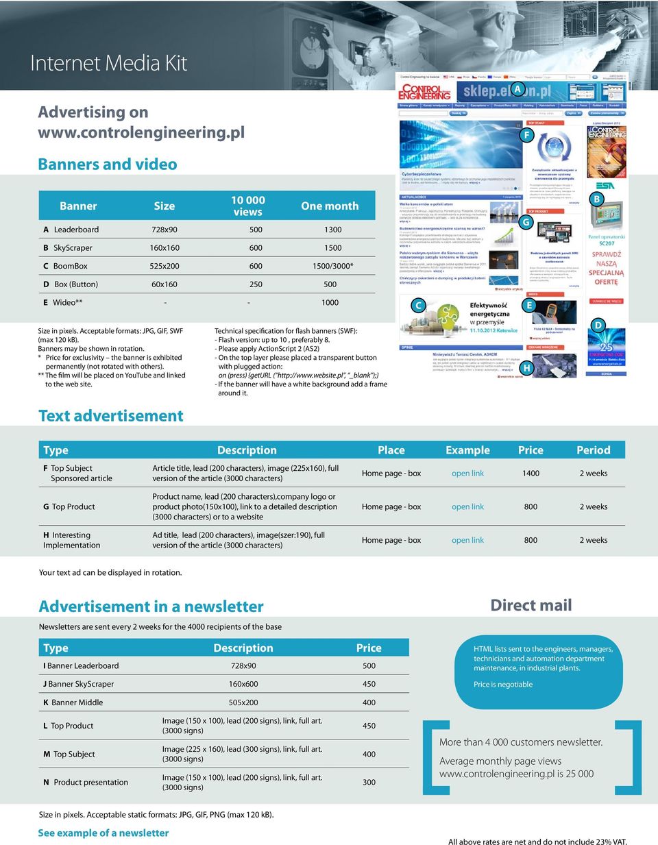 - 1000 C E Size in pixels. Acceptable formats: JPG, GIF, SWF (max 120 kb). Banners may be shown in rotation. * Price for exclusivity the banner is exhibited permanently (not rotated with others).