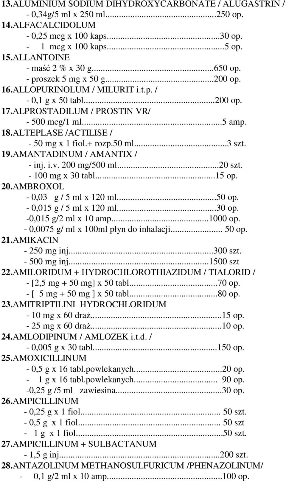 ALTEPLASE /ACTILISE / - 50 mg x 1 fiol.+ rozp.50 ml...3 szt. 19.AMANTADINUM / AMANTIX / - inj. i.v. 200 mg/500 ml...20 szt. - 100 mg x 30 tabl...15 op. 20.AMBROXOL - 0,03 g / 5 ml x 120 ml...50 op.