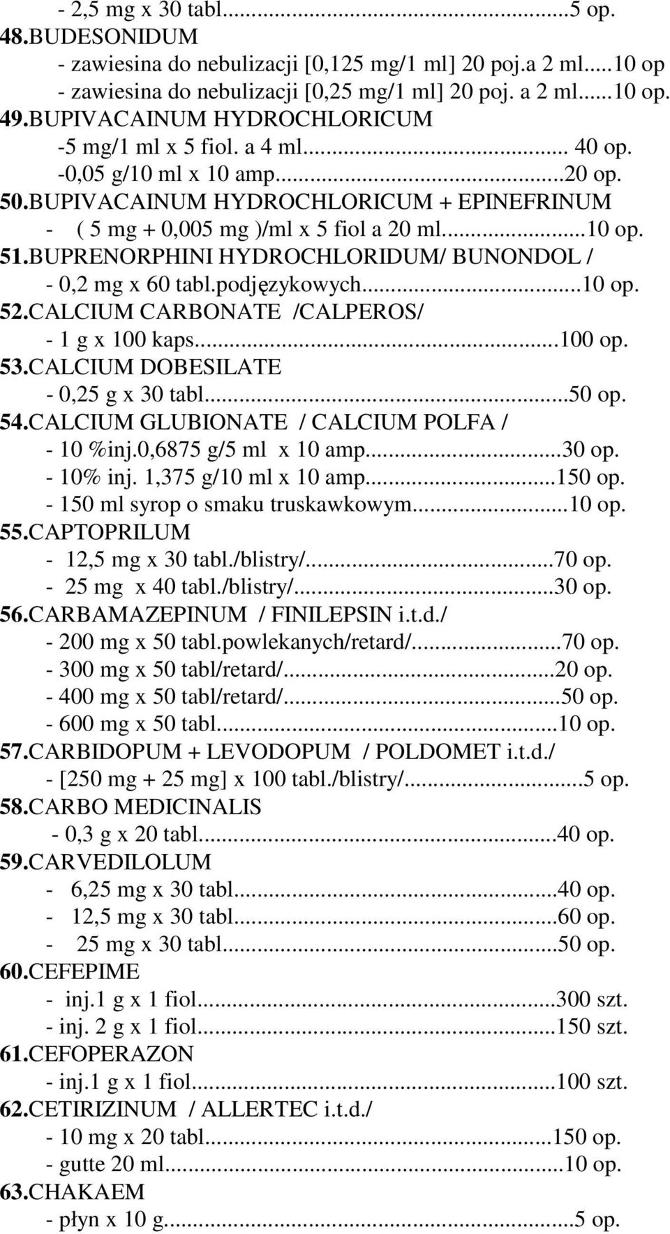 BUPRENORPHINI HYDROCHLORIDUM/ BUNONDOL / - 0,2 mg x 60 tabl.podjęzykowych...10 op. 52.CALCIUM CARBONATE /CALPEROS/ - 1 g x 100 kaps...100 op. 53.CALCIUM DOBESILATE - 0,25 g x 30 tabl...50 op. 54.