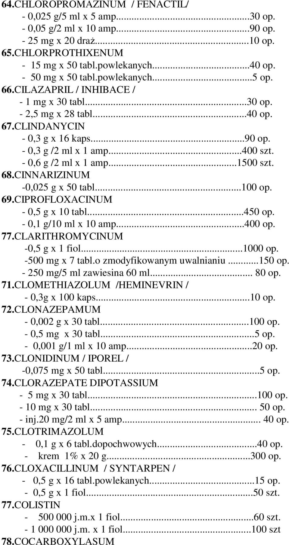 ..1500 szt. 68.CINNARIZINUM -0,025 g x 50 tabl...100 op. 69.CIPROFLOXACINUM - 0,5 g x 10 tabl...450 op. - 0,1 g/10 ml x 10 amp...400 op. 77.CLARITHROMYCINUM -0,5 g x 1 fiol...1000 op.