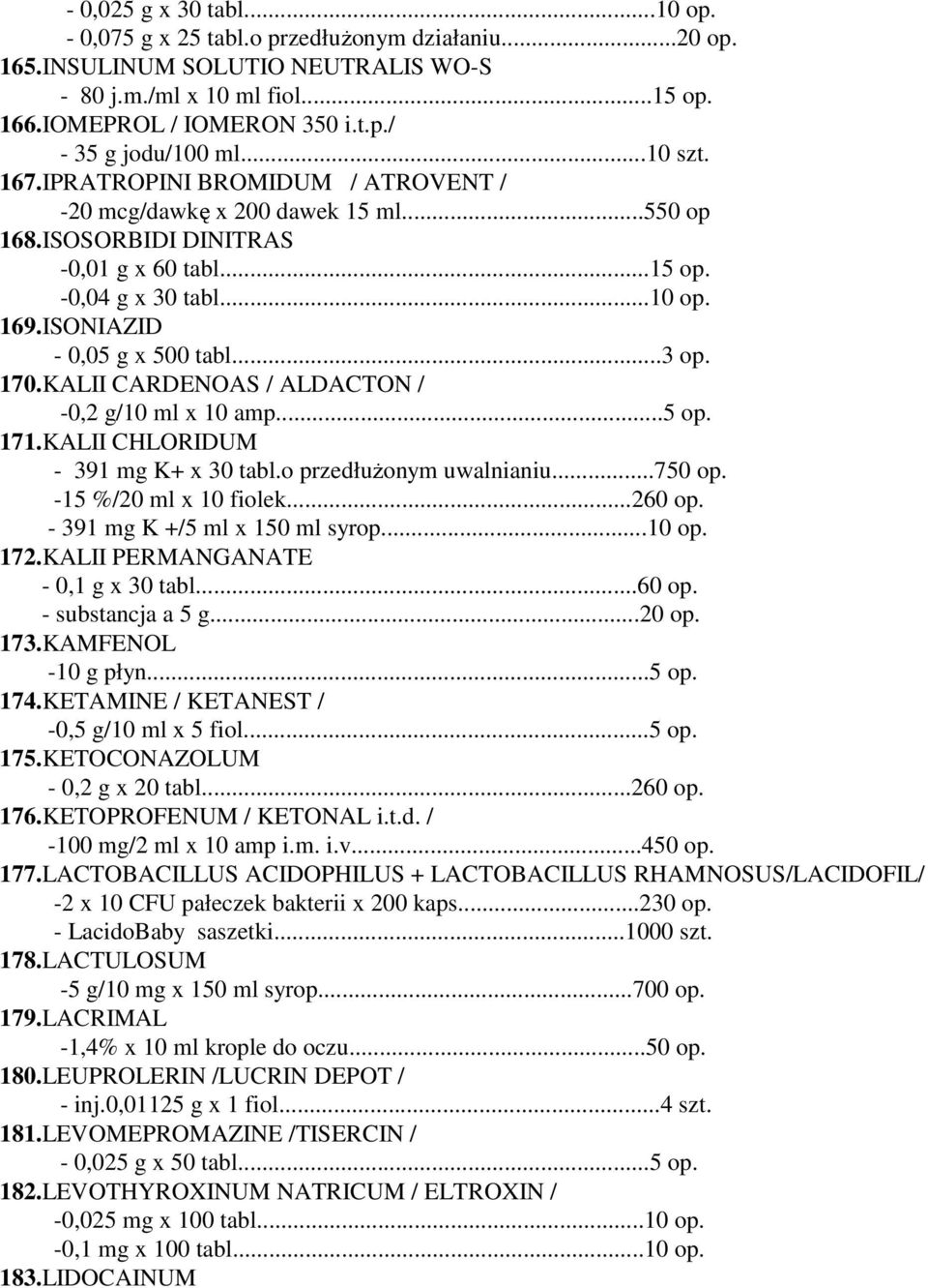 ISONIAZID - 0,05 g x 500 tabl...3 op. 170.KALII CARDENOAS / ALDACTON / -0,2 g/10 ml x 10 amp...5 op. 171.KALII CHLORIDUM - 391 mg K+ x 30 tabl.o przedłuŝonym uwalnianiu...750 op.