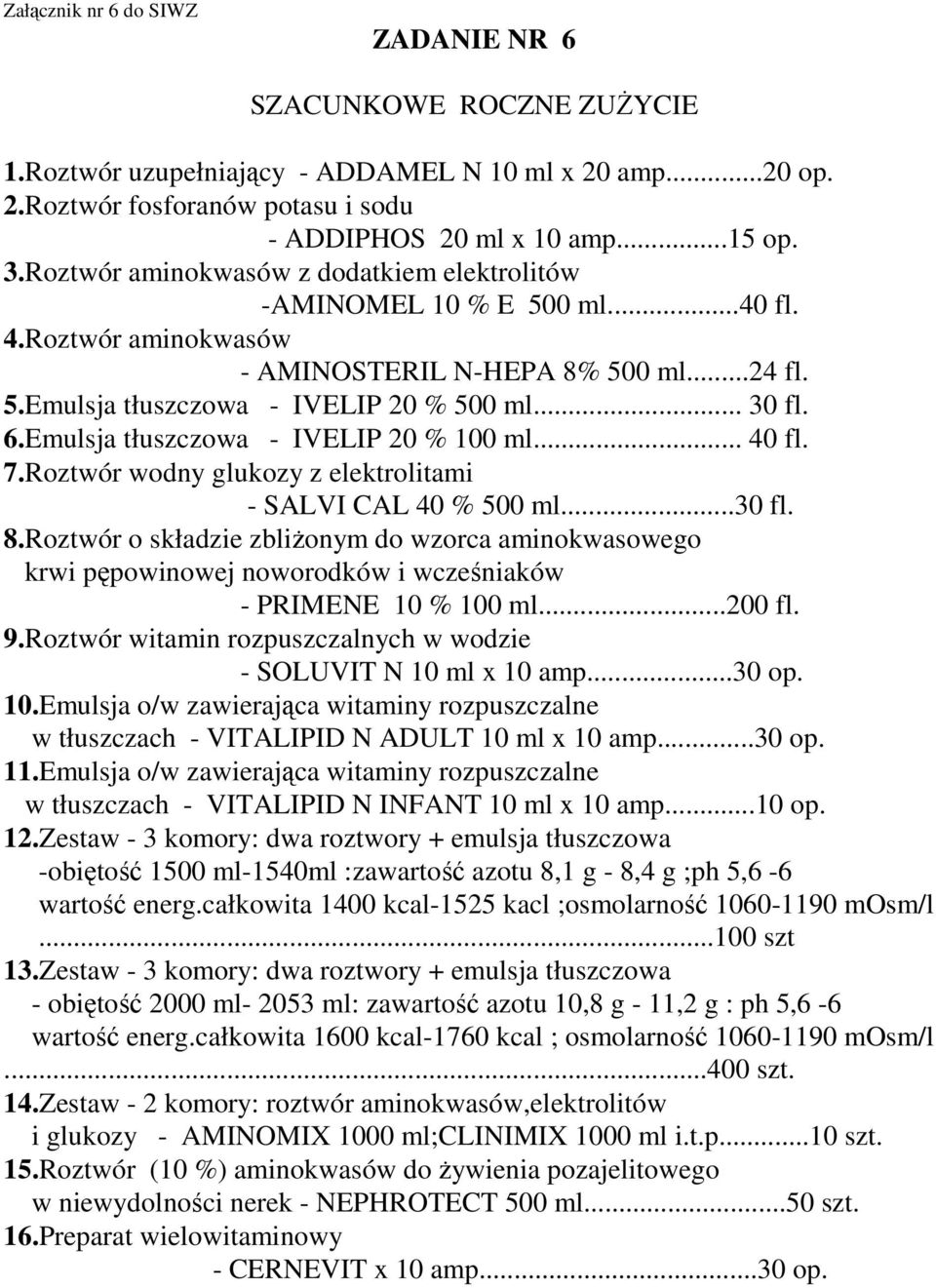 Emulsja tłuszczowa - IVELIP 20 % 100 ml... 40 fl. 7.Roztwór wodny glukozy z elektrolitami - SALVI CAL 40 % 500 ml...30 fl. 8.