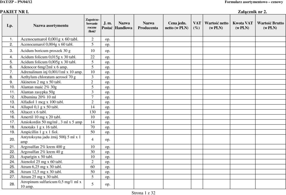 Aethylum chloratum aerosol 70 g 3 op. 9. Akineton 2 mg x 50 tabl. 2 op. 10. Alantan maść 2% 30g 5 op. 11. Alantan zasypka 50g 3 op. 12. Albumina 20% 10 ml 7 op. 13. Alfadiol 1 mcg x 100 tabl. 2 op. 14.