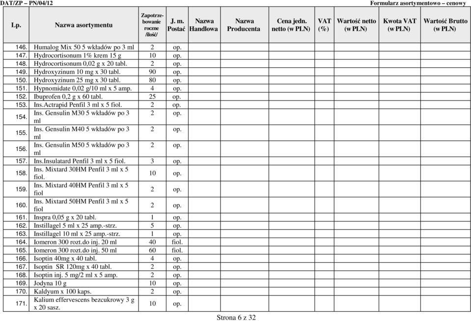 ml 155. Ins. Gensulin M40 5 wkładów po 3 2 op. ml 156. Ins. Gensulin M50 5 wkładów po 3 2 op. ml 157. Ins.Insulatard Penfil 3 ml x 5 fiol. 3 op. 158. Ins. Mixtard 30HM Penfil 3 ml x 5 fiol. 10 op.