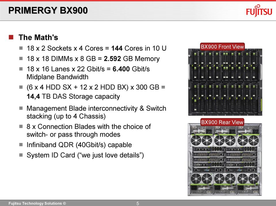 400 Gbit/s Midplane Bandwidth (6 x 4 HDD SX + 12 x 2 HDD BX) x 300 GB = 14,4 TB DAS Storage capacity Management Blade