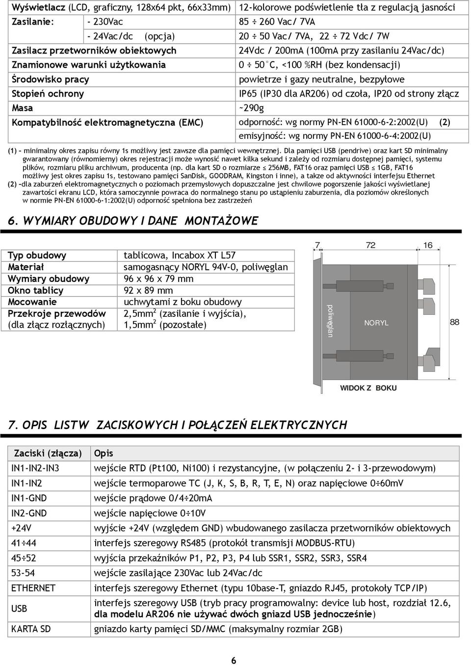 neutralne, bezpyłowe IP65 (IP30 dla AR206) od czoła, IP20 od strony złącz Kompatybilność elektromagnetyczna (EMC) odporność: wg normy PN-EN 61000-6-2:2002(U) (2) emisyjność: wg normy PN-EN