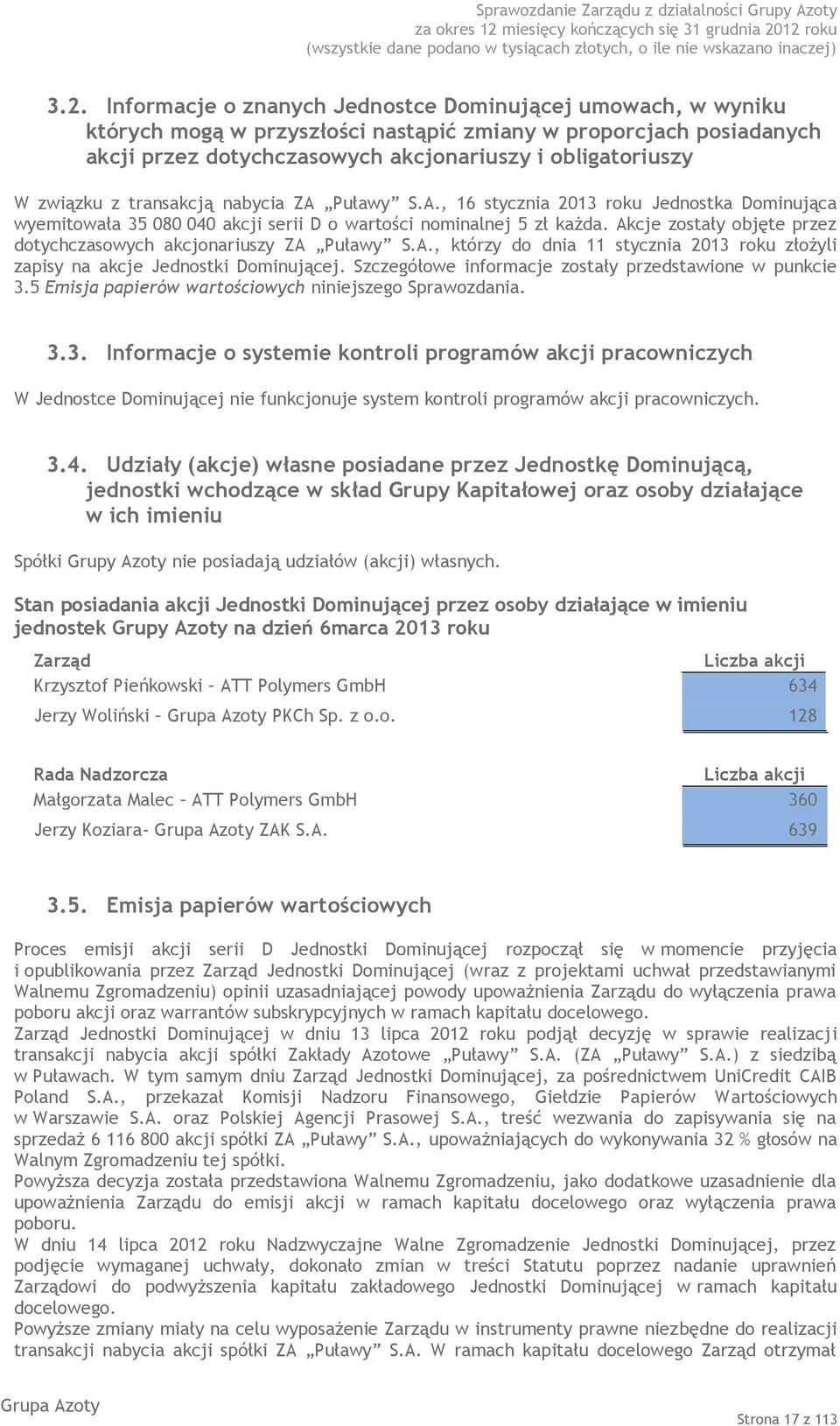 Akcje zostały objęte przez dotychczasowych akcjonariuszy ZA Puławy S.A., którzy do dnia 11 stycznia 2013 roku złożyli zapisy na akcje Jednostki Dominującej.