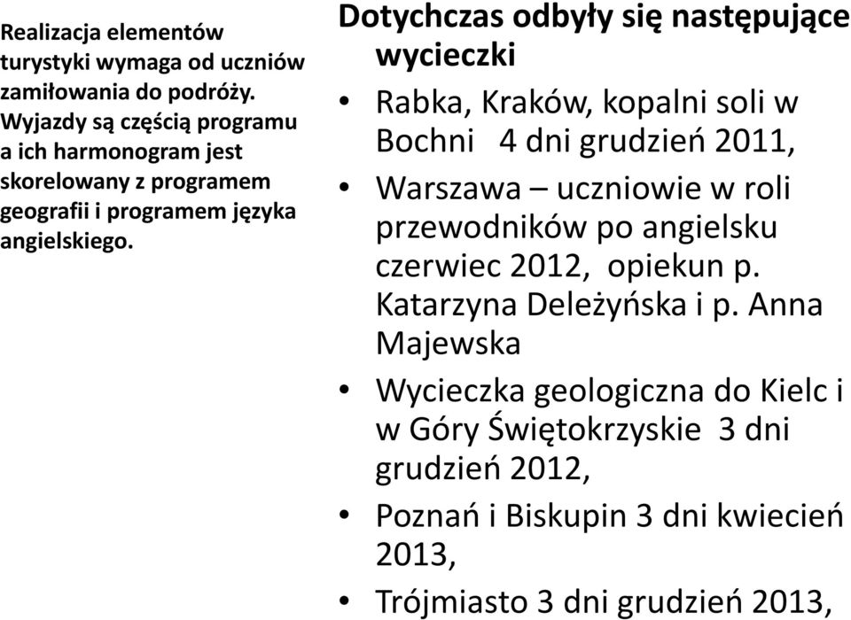 Dotychczas odbyły się następujące wycieczki Rabka, Kraków, kopalni soli w Bochni 4 dni grudzień 2011, Warszawa uczniowie w roli