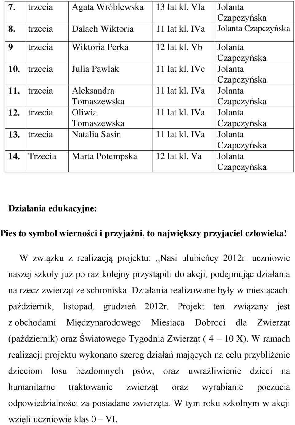 Va Jolanta Działania edukacyjne: Pies to symbol wierności i przyjaźni, to największy przyjaciel człowieka! W związku z realizacją projektu:,,nasi ulubieńcy 2012r.