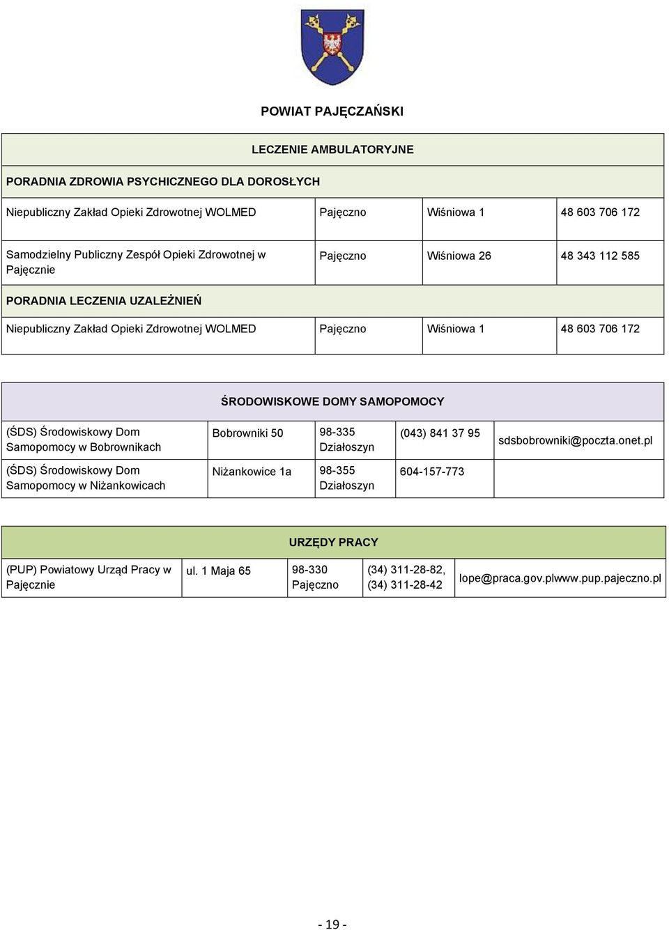 603 706 172 ŚRODOWISKOWE DOMY SAMOPOMOCY Samopomocy w Bobrownikach Bobrowniki 50 98-335 Działoszyn (043) 841 37 95 sdsbobrowniki@poczta.onet.