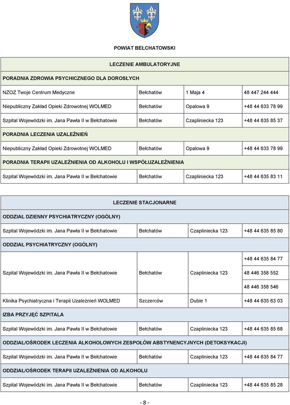 Jana Pawła II w Bełchatowie Bełchatów Czapliniecka 123 +48 44 635 85 37 PORADNIA LECZENIA UZALEŻNIEŃ Niepubliczny Zakład Opieki Zdrowotnej WOLMED Bełchatów Opalowa 9 +48 44 633 78 99 PORADNIA TERAPII