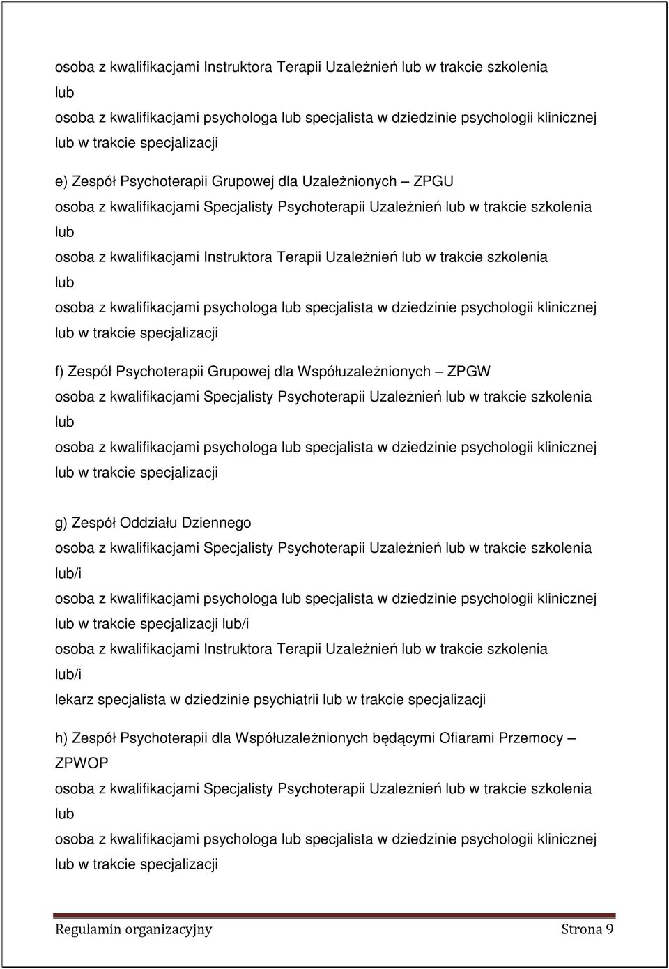 w trakcie szkolenia lub osoba z kwalifikacjami psychologa lub specjalista w dziedzinie psychologii klinicznej lub w trakcie specjalizacji f) Zespół Psychoterapii Grupowej dla Współuzależnionych ZPGW