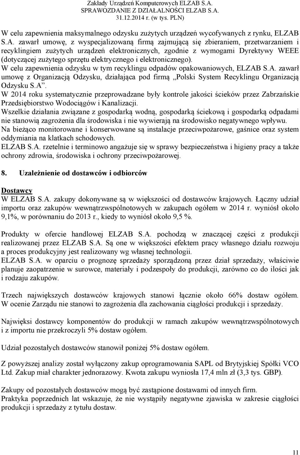 elektrycznego i elektronicznego). W celu zapewnienia odzysku w tym recyklingu odpadów opakowaniowych, ELZAB