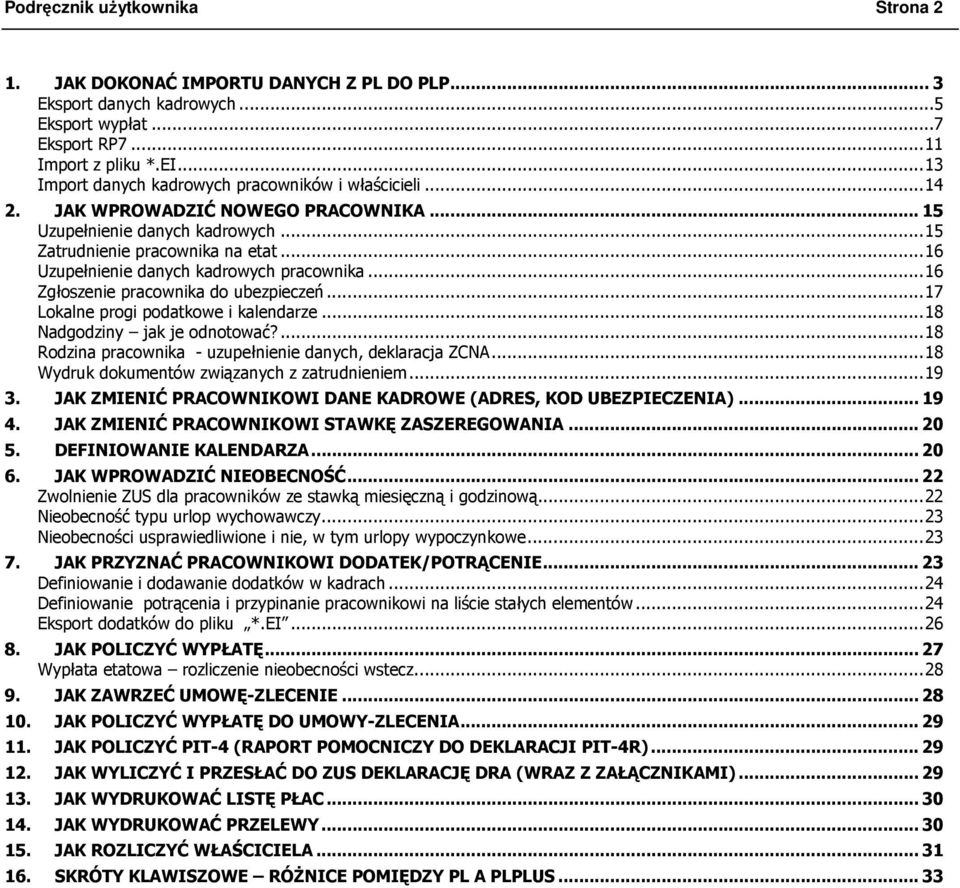 ..16 Uzupełnienie danych kadrowych pracownika...16 Zgłoszenie pracownika do ubezpieczeń...17 Lokalne progi podatkowe i kalendarze...18 Nadgodziny jak je odnotować?