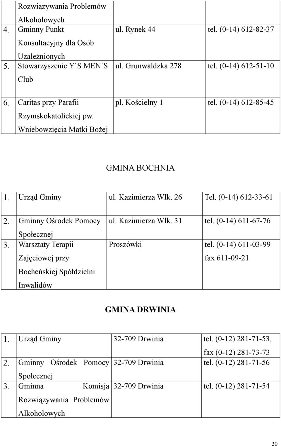 (0-14) 612-33-61 2. Gminny Ośrodek Pomocy Społecznej 3. Warsztaty Terapii Zajęciowej przy Bocheńskiej Spółdzielni Inwalidów ul. Kazimierza Wlk. 31 tel. (0-14) 611-67-76 Proszówki tel.