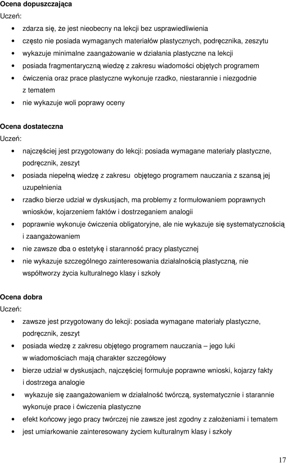 woli poprawy oceny Ocena dostateczna Uczeń: najczęściej jest przygotowany do lekcji: posiada wymagane materiały plastyczne, podręcznik, zeszyt posiada niepełną wiedzę z zakresu objętego programem