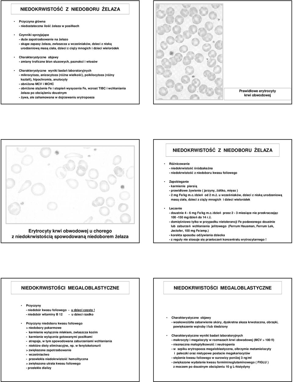 laboratoryjnych - mikrocytoza, anizocytoza (róŝna wielkość), poikilocytoza (róŝny kształt), hipochromia, anulocyty - obniŝone MCV i MCHC - obniŝone stęŝenie Fe i stopień wysycenia Fe, wzrost TIBC i