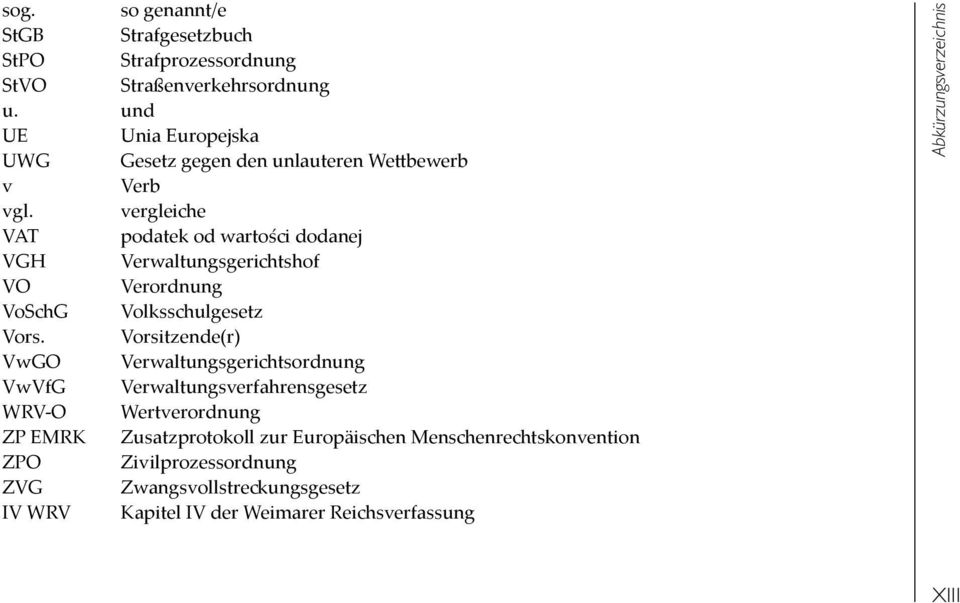 vergleiche VAT podatek od wartości dodanej VGH Verwaltungsgerichtshof VO Verordnung VoSchG Volksschulgesetz Vors.