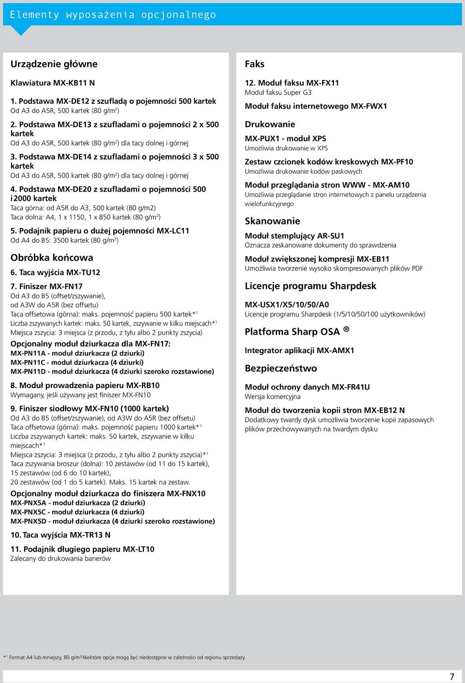 Podstawa MX-DE14 z szufladami o pojemności 3 x 500 kartek Od A3 do A5R, 500 kartek (80 g/m 2 ) dla tacy dolnej i górnej 4.