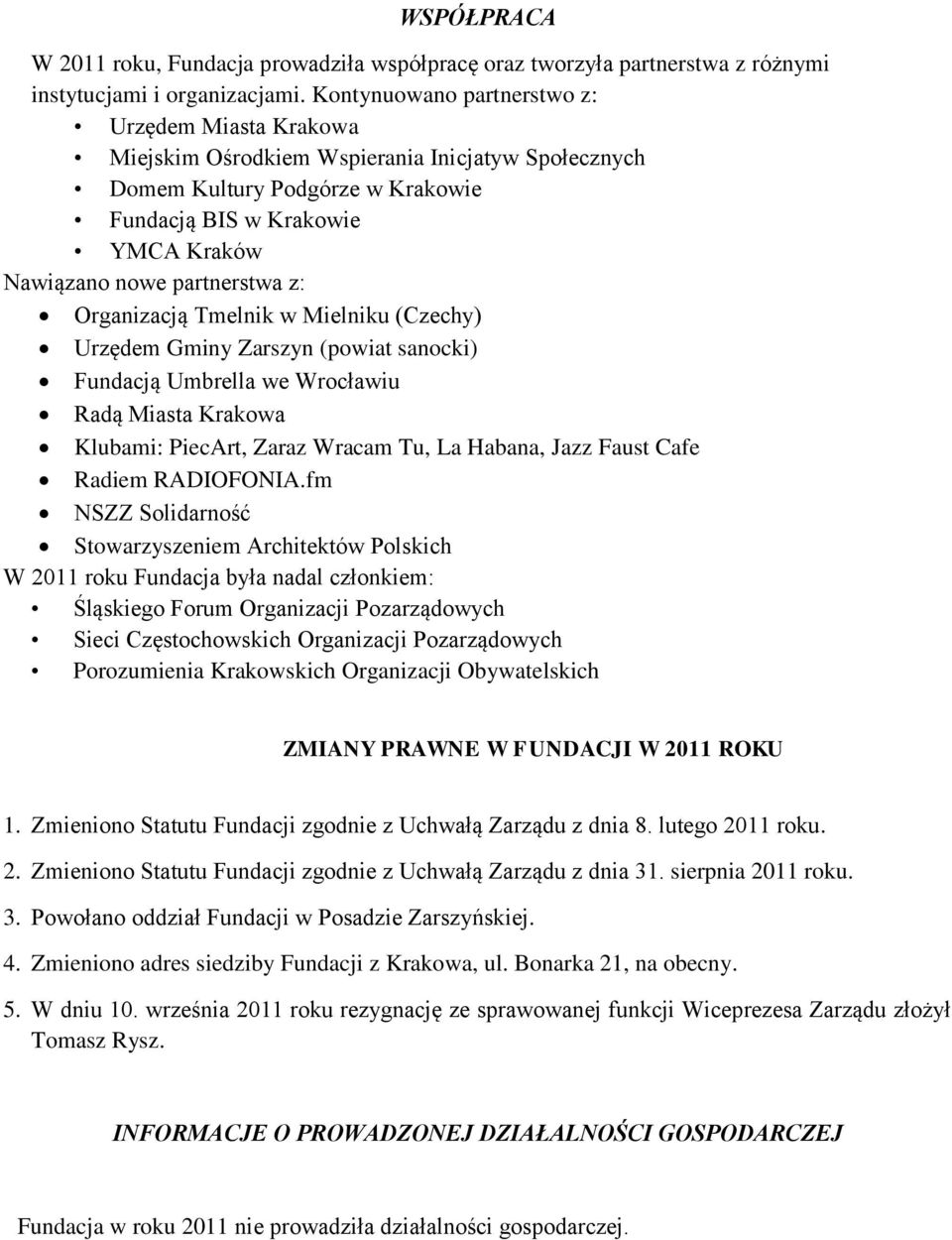 z: Organizacją Tmelnik w Mielniku (Czechy) Urzędem Gminy Zarszyn (powiat sanocki) Fundacją Umbrella we Wrocławiu Radą Miasta Krakowa Klubami: PiecArt, Zaraz Wracam Tu, La Habana, Jazz Faust Cafe