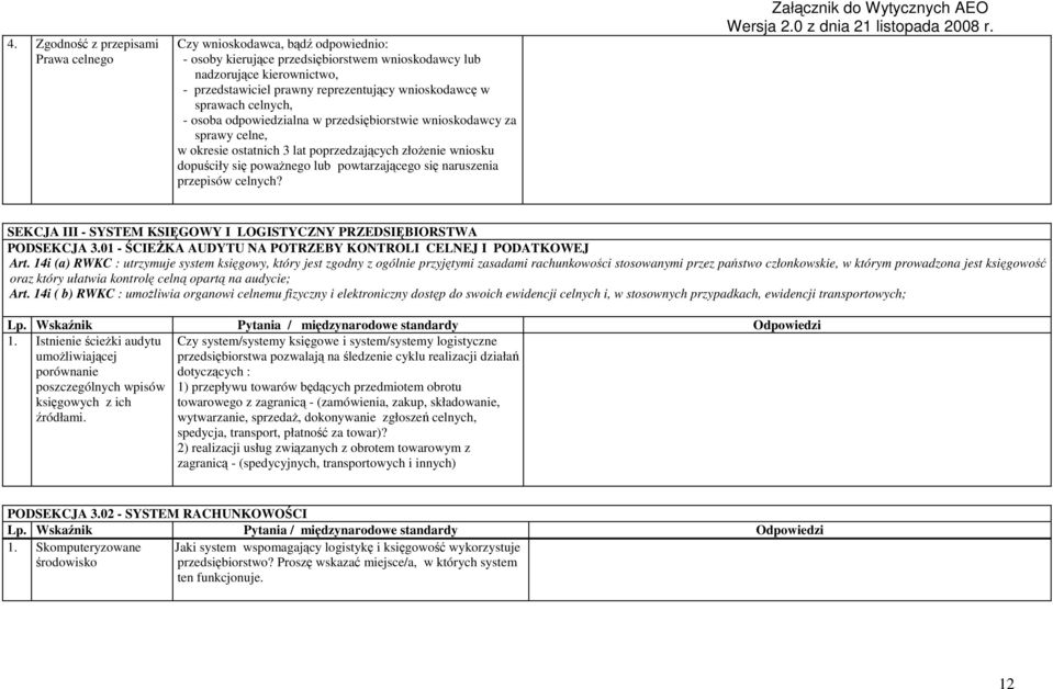 powtarzającego się naruszenia przepisów celnych? SEKCJA III - SYSTEM KSIĘGOWY I LOGISTYCZNY PRZEDSIĘBIORSTWA PODSEKCJA 3.01 - ŚCIEśKA AUDYTU NA POTRZEBY KONTROLI CELNEJ I PODATKOWEJ Art.