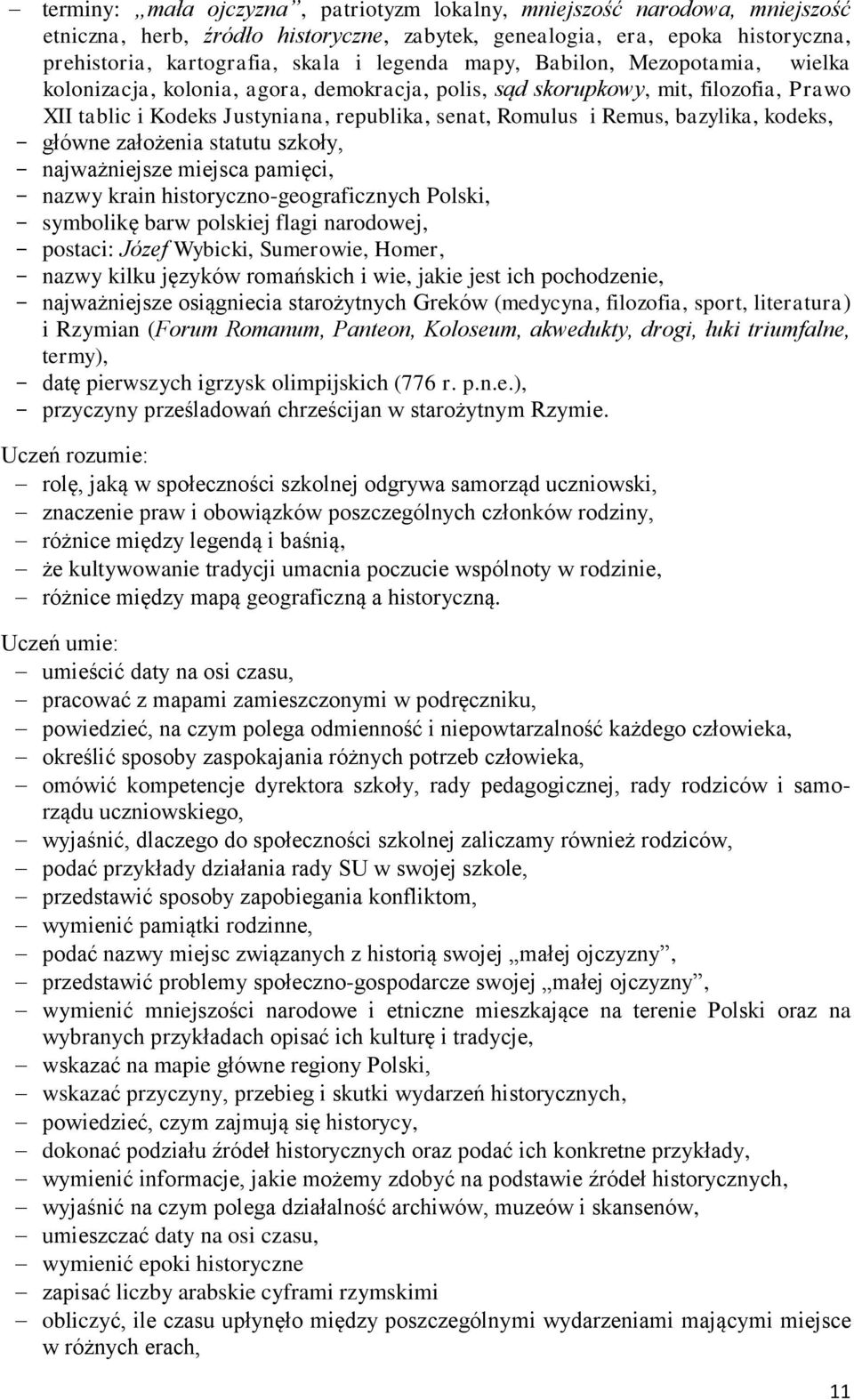 kodeks, - główne założenia statutu szkoły, - najważniejsze miejsca pamięci, - nazwy krain historyczno-geograficznych Polski, - symbolikę barw polskiej flagi narodowej, - postaci: Józef Wybicki,