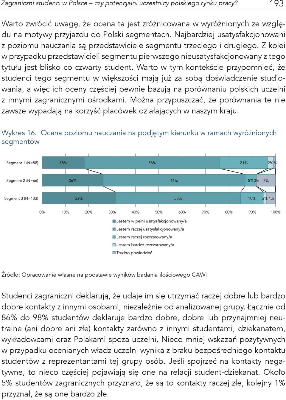 Najbardziej usatysfakcjonowani z poziomu nauczania są przedstawiciele segmentu trzeciego i drugiego.