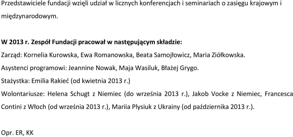 Asystenci programowi: Jeannine Nowak, Maja Wasiluk, Błażej Grygo. Stażystka: Emilia Rakieć (od kwietnia 2013 r.