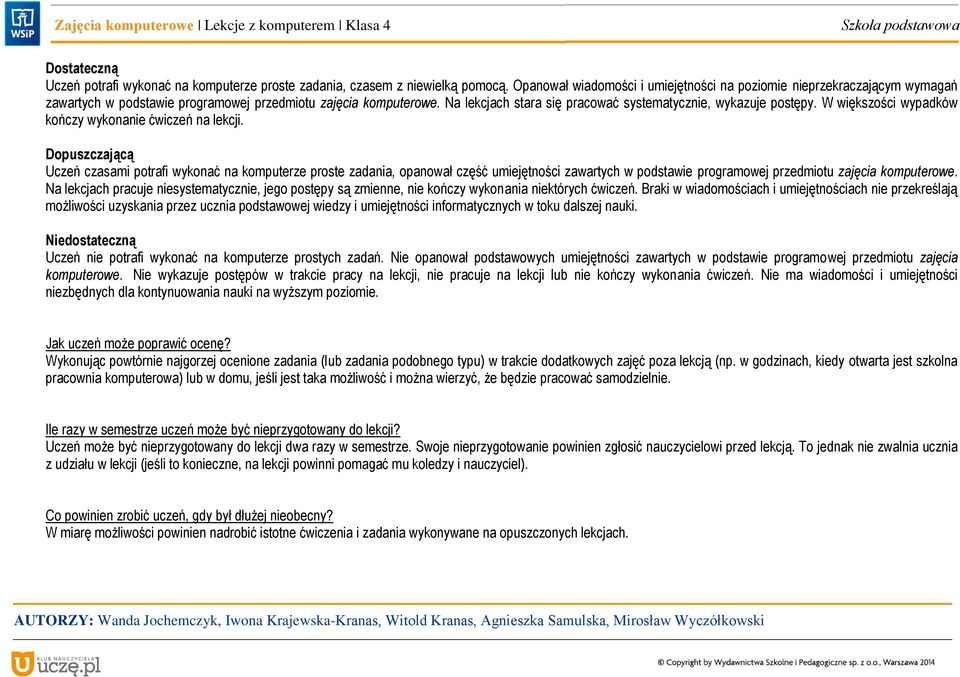 Na lekcjach stara się pracować systematycznie, wykazuje postępy. W większości wypadków kończy wykonanie ćwiczeń na.