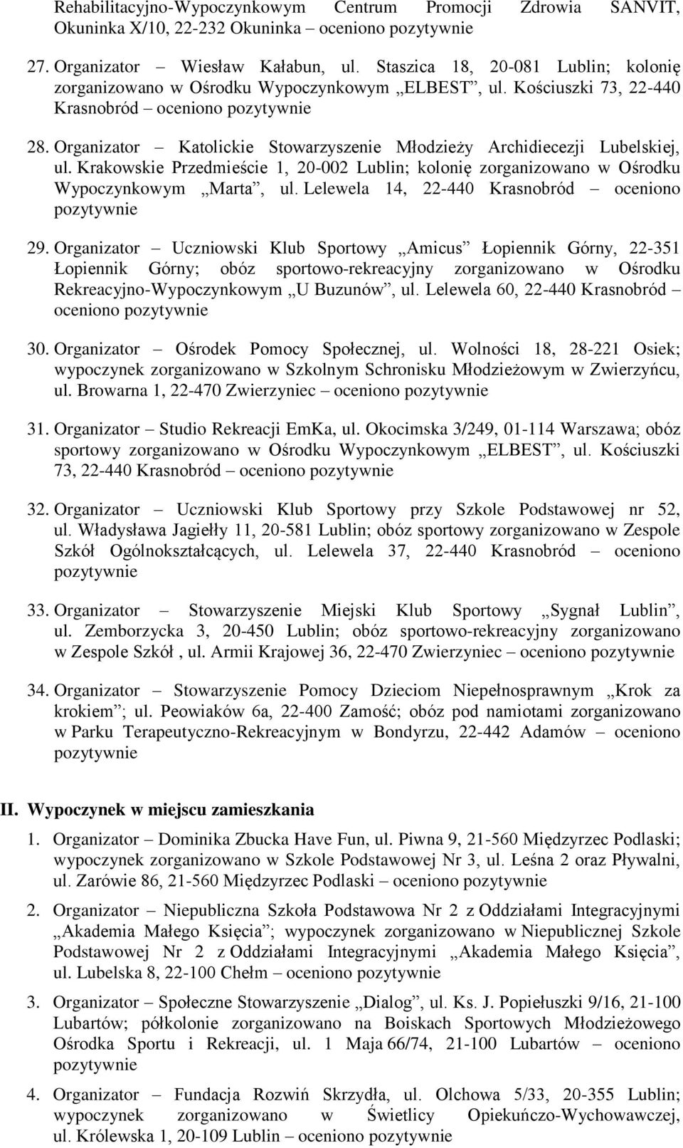 Organizator Katolickie Stowarzyszenie Młodzieży Archidiecezji Lubelskiej, ul. Krakowskie Przedmieście 1, 20-002 Lublin; kolonię zorganizowano w Ośrodku Wypoczynkowym Marta, ul.