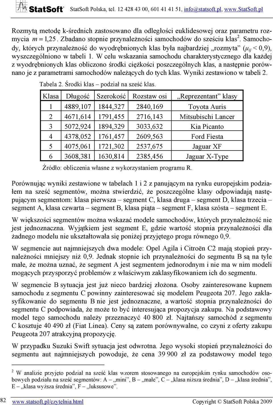 W celu wskazania samochodu charakterystycznego dla każdej z wyodrębnionych klas obliczono środki ciężkości poszczególnych klas, a następnie porównano je z parametrami samochodów należących do tych