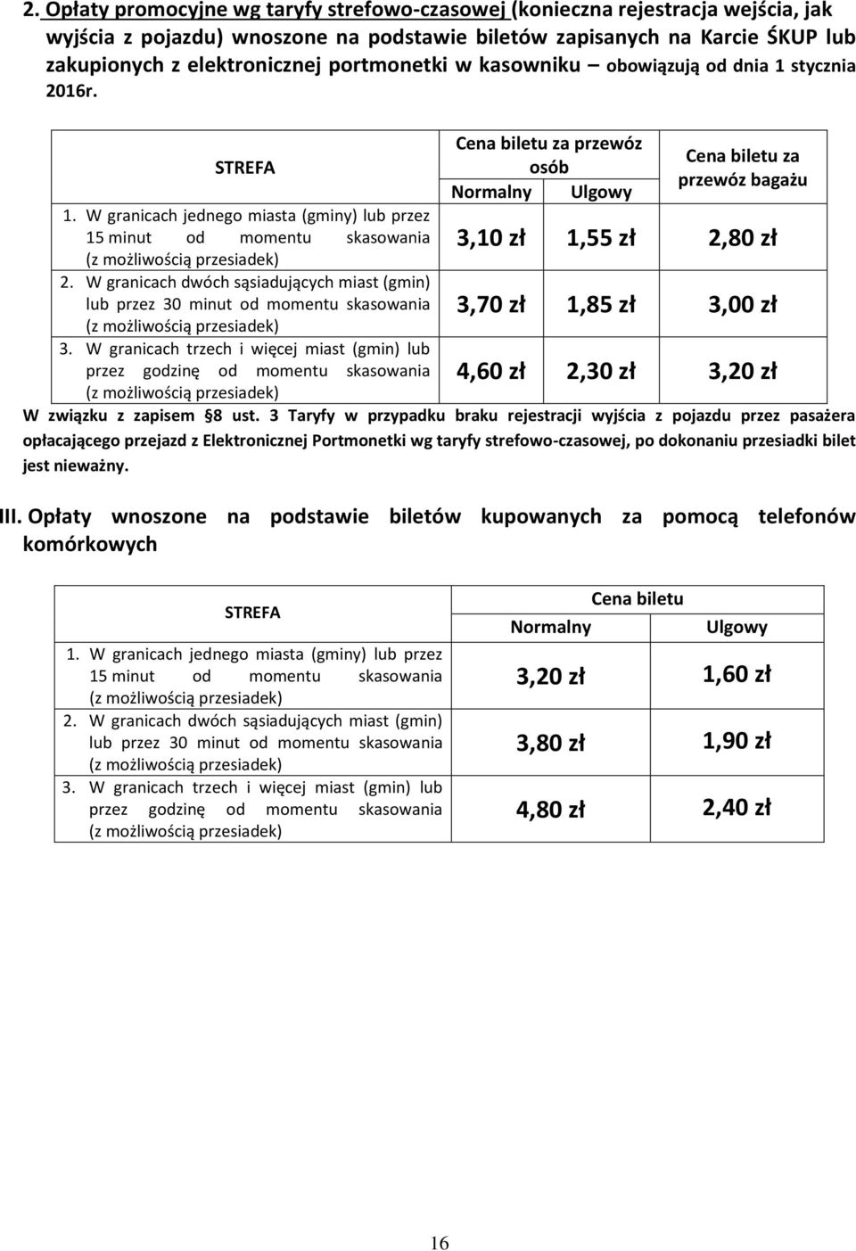 W granicach dwóch sąsiadujących miast (gmin) lub przez 30 minut od momentu skasowania (z możliwością przesiadek) 3.