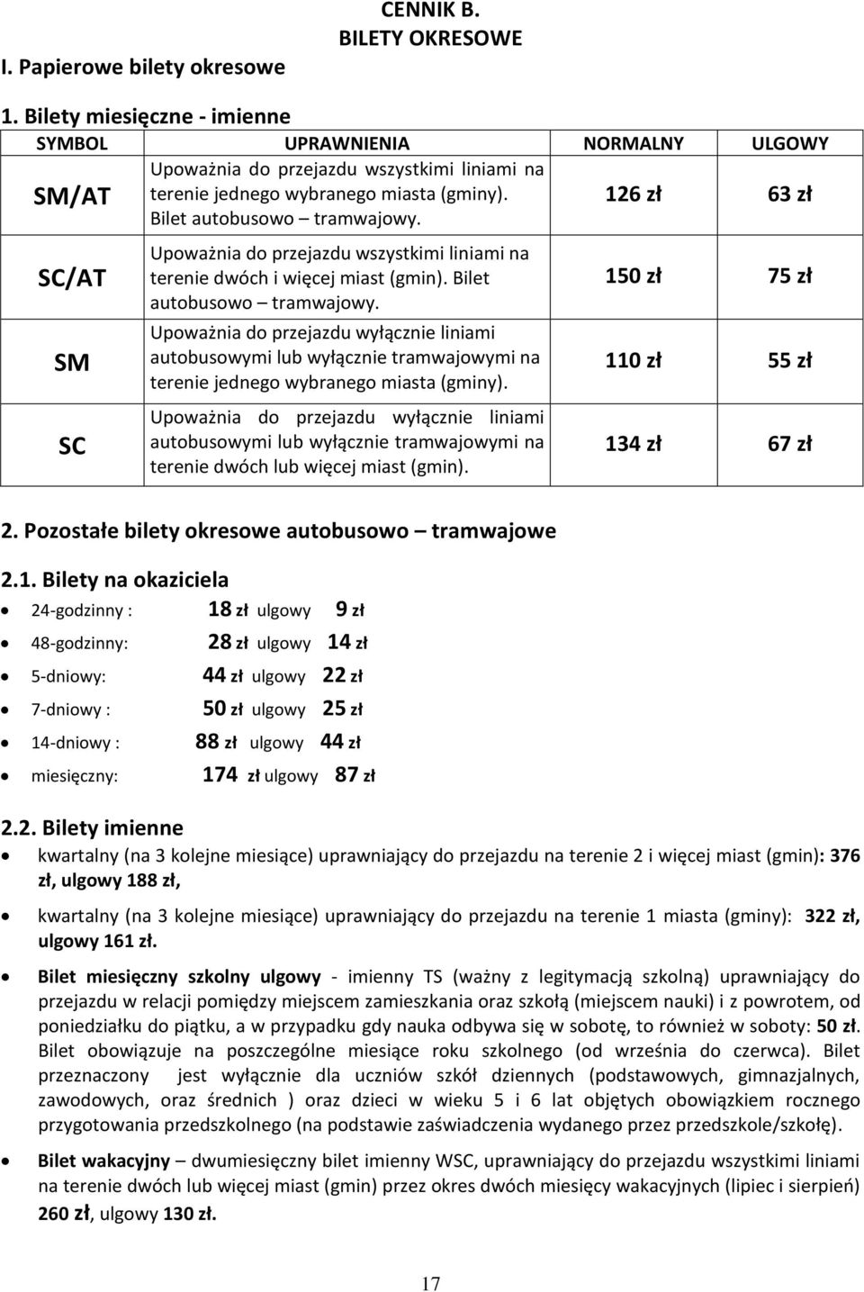 Upoważnia do przejazdu wyłącznie liniami autobusowymi lub wyłącznie tramwajowymi na terenie jednego wybranego miasta (gminy).