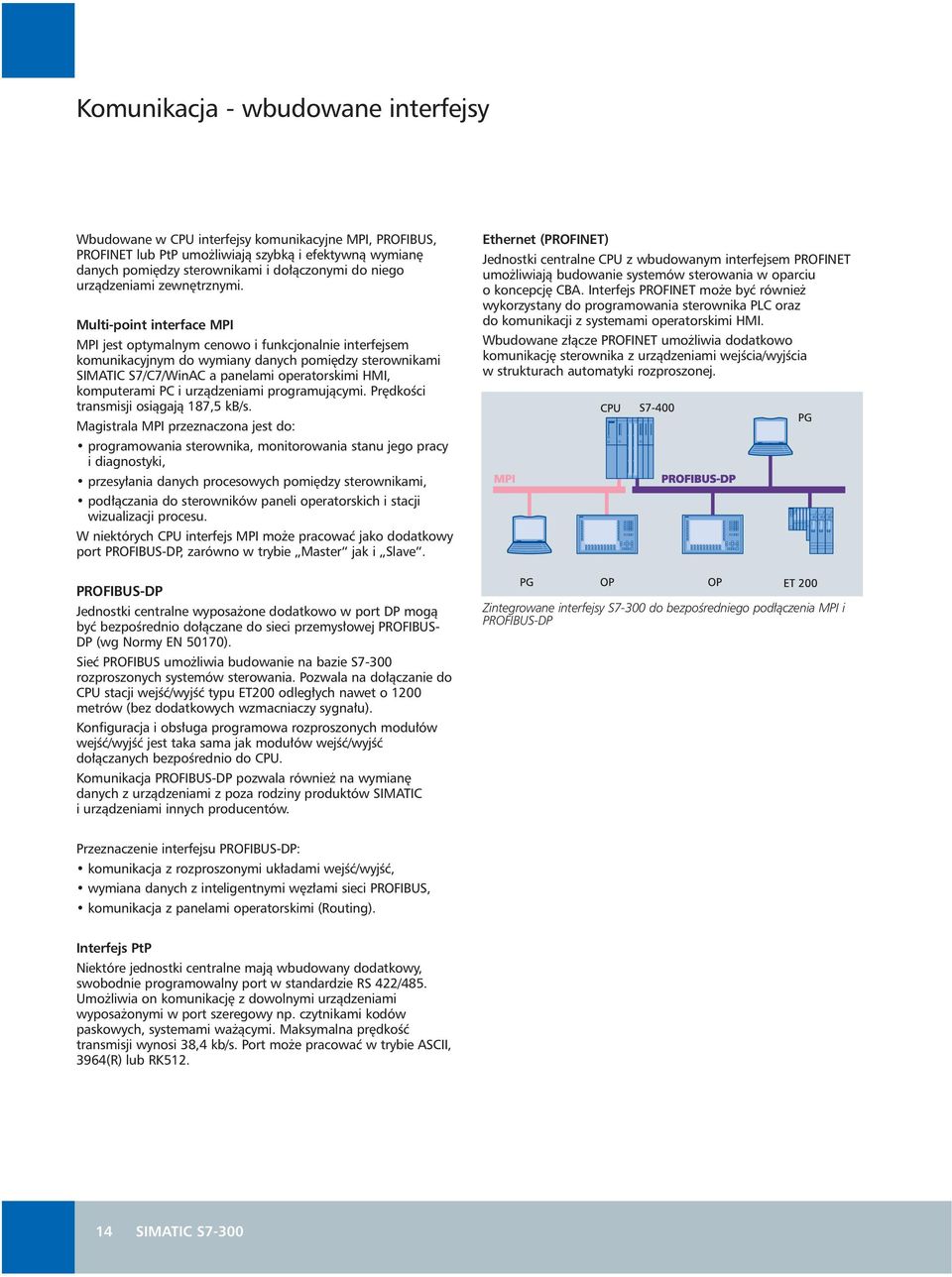 Multi-point interface MPI MPI jest optymalnym cenowo i funkcjonalnie interfejsem komunikacyjnym do wymiany danych pomi dzy sterownikami SIMATIC S7/C7/WinAC a panelami operatorskimi HMI, komputerami