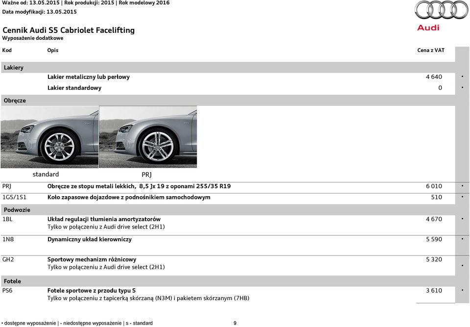 z Audi drive select (2H1) 4 670 1N8 Dynamiczny układ kierowniczy 5 590 GH2 Sportowy mechanizm różnicowy Tylko w połączeniu z Audi drive select (2H1) 5 320 Fotele PS6