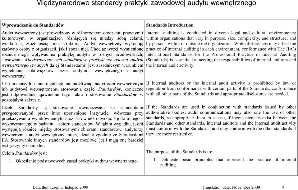 Chociaż wyżej wymienione różnice mogą wpływać na praktykę audytu w różnych środowiskach, stosowanie Międzynarodowych standardów praktyki zawodowej audytu wewnętrznego (zwanych dalej Standardami) jest