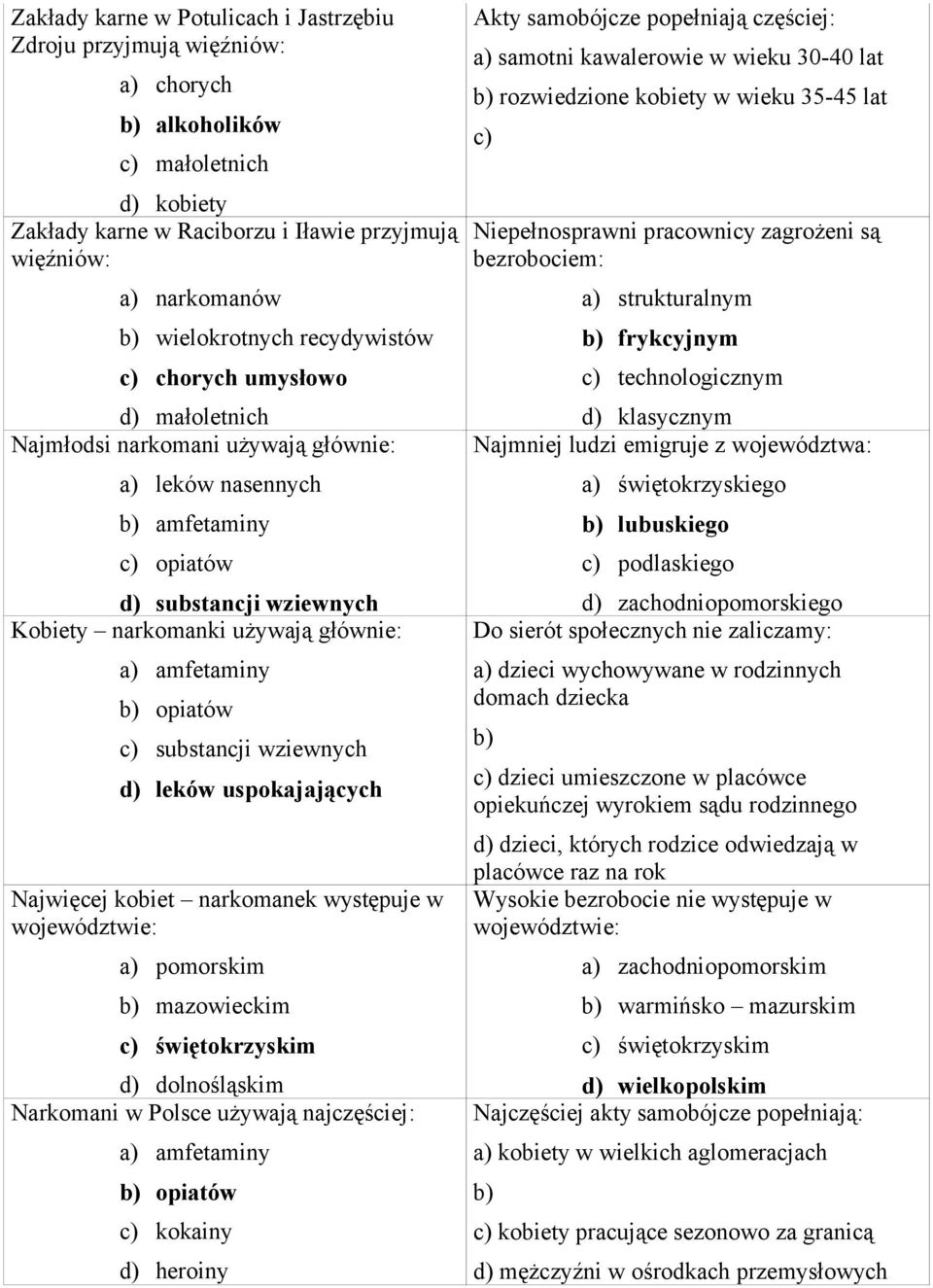 głównie: a) amfetaminy b) opiatów c) substancji wziewnych d) leków uspokajających Najwięcej kobiet narkomanek występuje w a) pomorskim b) mazowieckim c) świętokrzyskim d) dolnośląskim Narkomani w