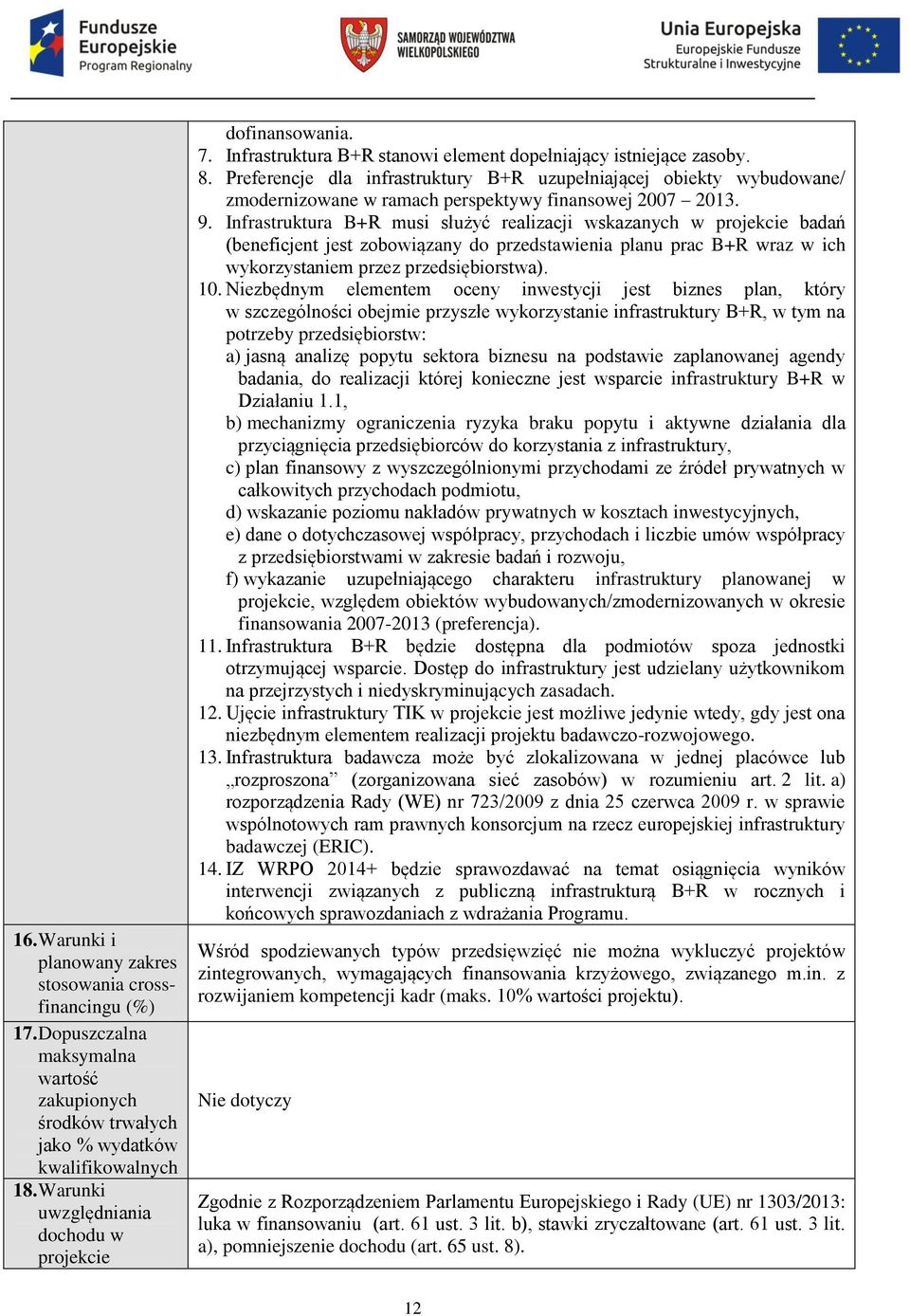 Preferencje dla infrastruktury B+R uzupełniającej obiekty wybudowane/ zmodernizowane w ramach perspektywy finansowej 2007 2013. 9.