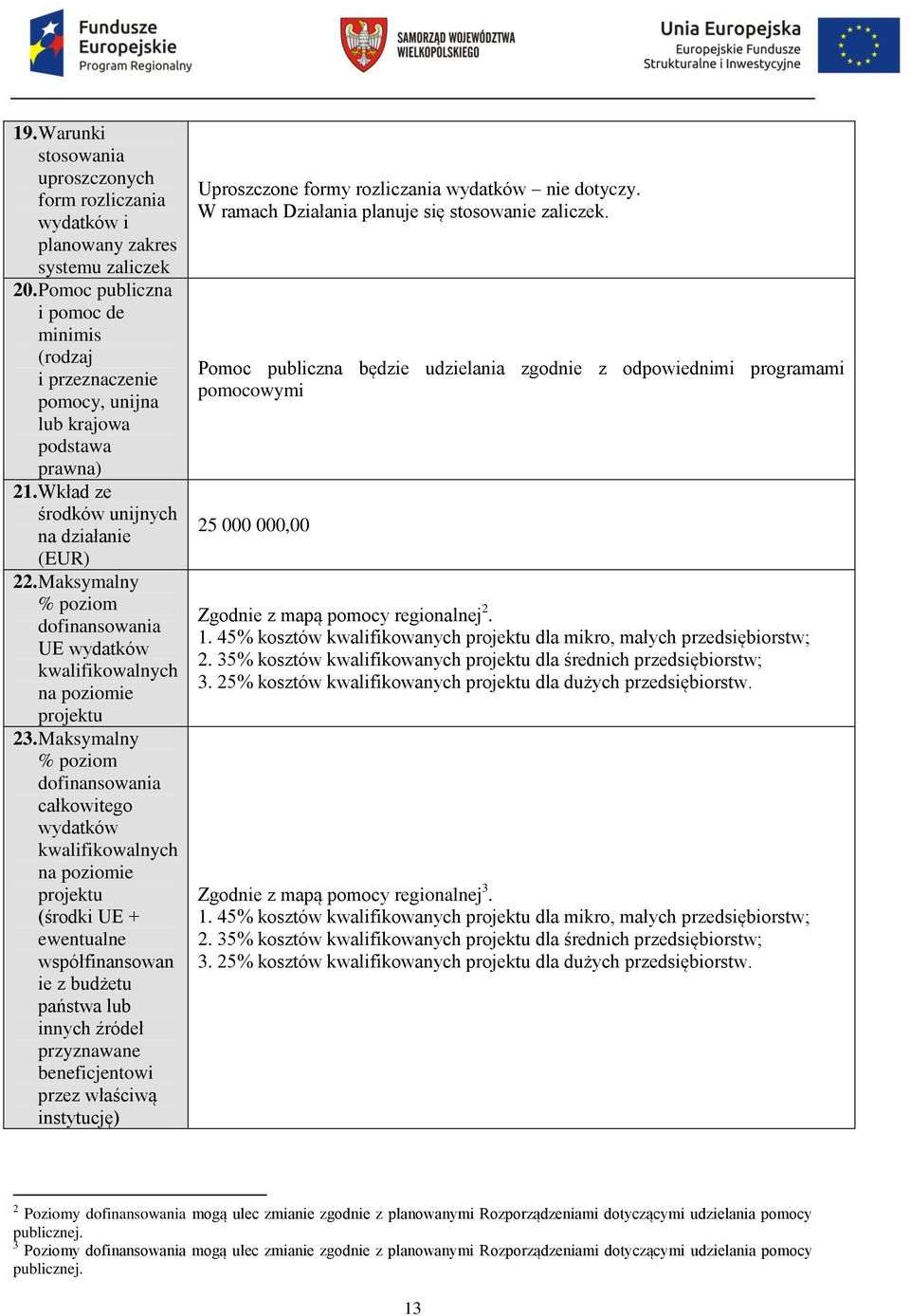 Maksymalny % poziom dofinansowania UE wydatków na poziomie projektu 23.