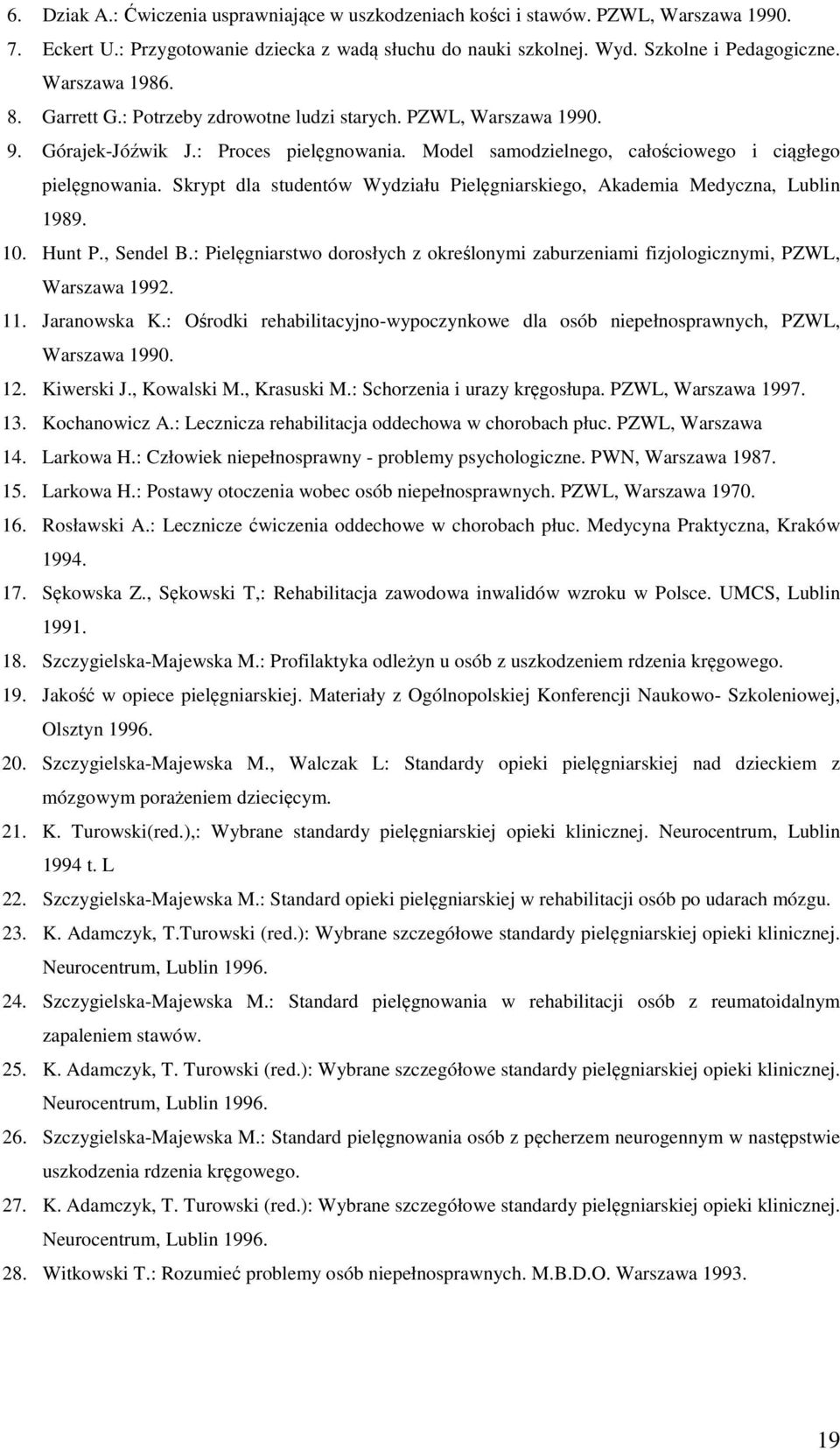 Skrypt dla studentów Wydziału Pielęgniarskiego, Akademia Medyczna, Lublin 1989. 10. Hunt P., Sendel B.: Pielęgniarstwo dorosłych z określonymi zaburzeniami fizjologicznymi, PZWL, Warszawa 1992. 11.