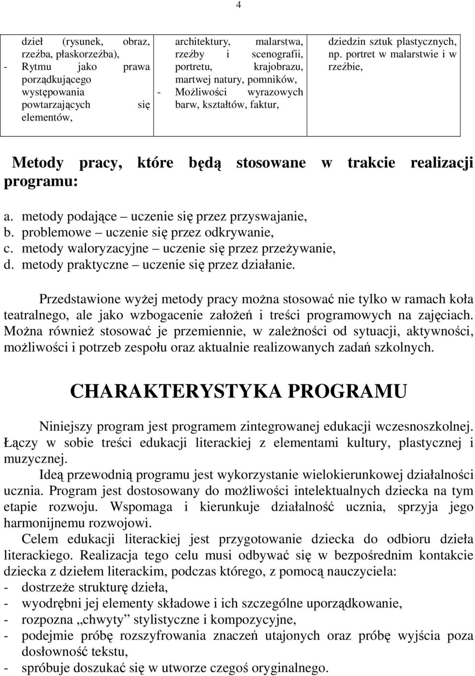 portret w malarstwie i w rzeźbie, Metody pracy, które będą stosowane w trakcie realizacji programu: a. metody podające uczenie się przez przyswajanie, b. problemowe uczenie się przez odkrywanie, c.