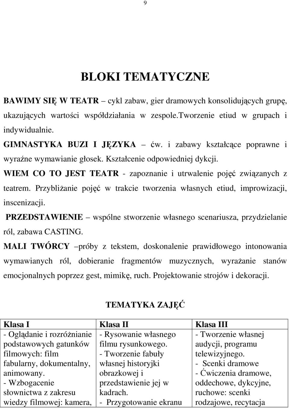 Przybliżanie pojęć w trakcie tworzenia własnych etiud, improwizacji, inscenizacji. PRZEDSTAWIENIE wspólne stworzenie własnego scenariusza, przydzielanie ról, zabawa CASTING.