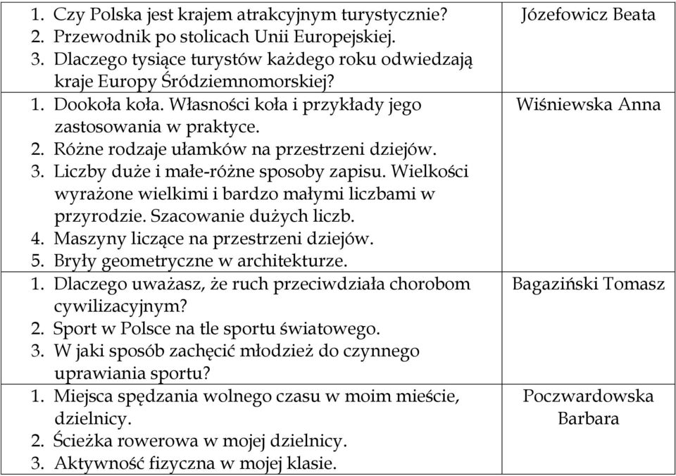 Wielkości wyrażone wielkimi i bardzo małymi liczbami w przyrodzie. Szacowanie dużych liczb. 4. Maszyny liczące na przestrzeni dziejów. 5. Bryły geometryczne w architekturze. 1.