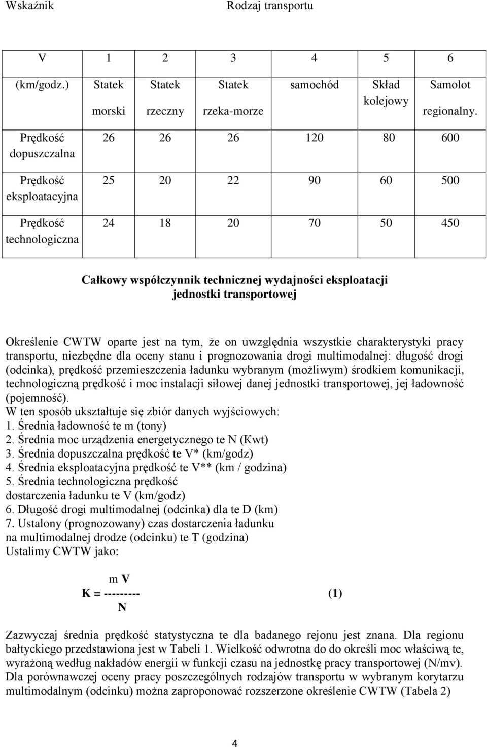 transportowej Określenie CWTW oparte jest na tym, że on uwzględnia wszystkie charakterystyki pracy transportu, niezbędne dla oceny stanu i prognozowania drogi multimodalnej: długość drogi (odcinka),