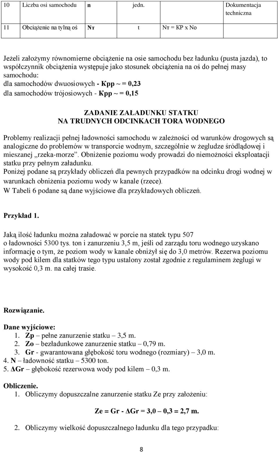 obciążenia na oś do pełnej masy samochodu: dla samochodów dwuosiowych - Кpp ~ = 0,23 dla samochodów trójosiowych - Кpp ~ = 0,15 ZADANIE ZAŁADUNKU STATKU NA TRUDNYCH ODCINKACH TORA WODNEGO Problemy