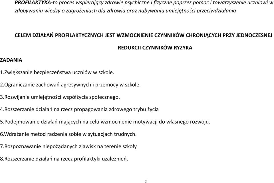 Ograniczanie zachowań agresywnych i przemocy w szkole. 3.Rozwijanie umiejętności współżycia społecznego. 4.Rozszerzanie działań na rzecz propagowania zdrowego trybu życia 5.