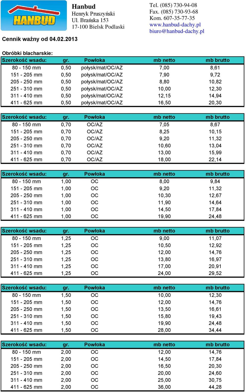 411-625 mm 0,50 połysk/mat/oc/az 80-150 mm 0,70 OC/AZ 151-205 mm 0,70 OC/AZ 205-250 mm 0,70 OC/AZ 251-310 mm 0,70 OC/AZ 311-410 mm 0,70 OC/AZ 411-625 mm 0,70 OC/AZ 80-150 mm 1,00 OC 151-205 mm 1,00